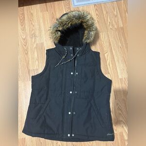 Eddie Bauer Black Hooded Vest with Faux Fur Trim